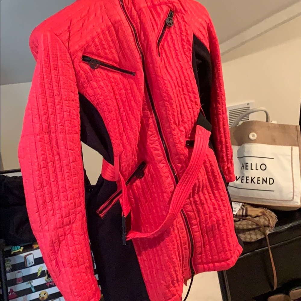 red and black MK hooded puffer jacket